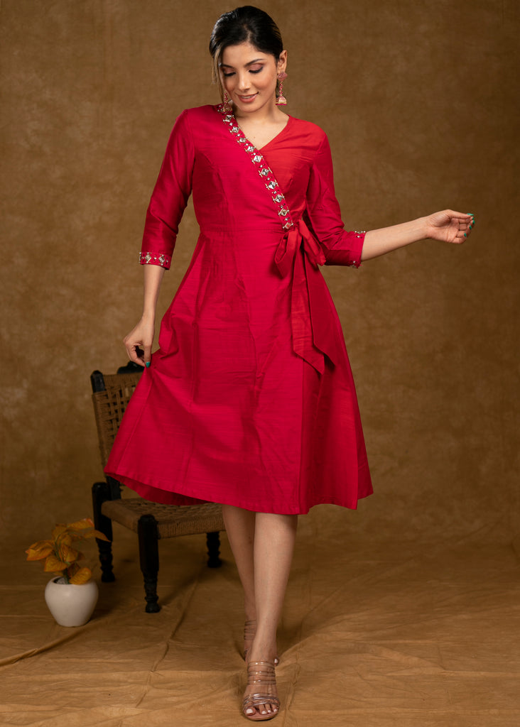 Beautiful Rose Pink & Red Cotton Silk Hand Stone Work Overlap Dress