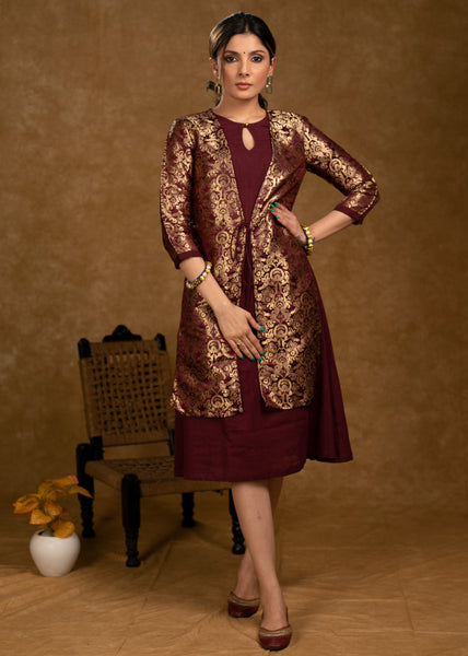 Classy Wine Cotton Dress with Attached Brocade Jacket