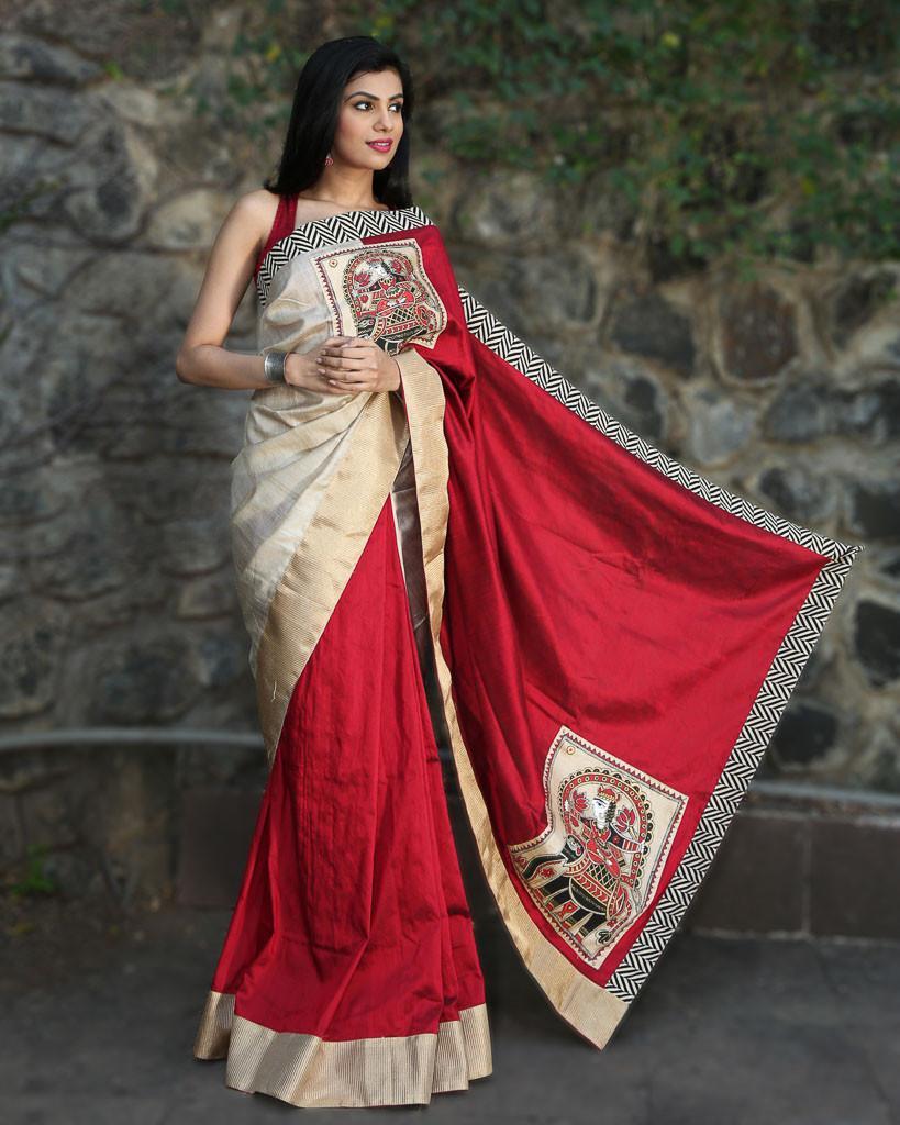 Red Cotton Silk with Pure Tassar Silk - Sujatra