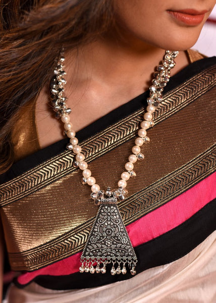 Exclusive ghungroo & pearl combination necklace with german silver pendant
