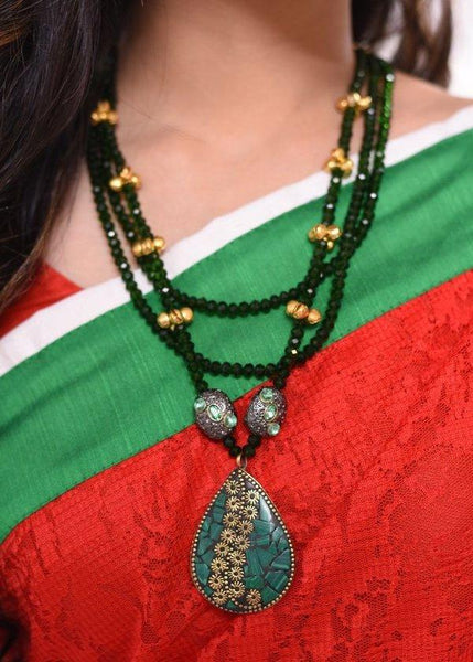 Exclusive glass beaded necklace with ceramic pendant & ghungroo