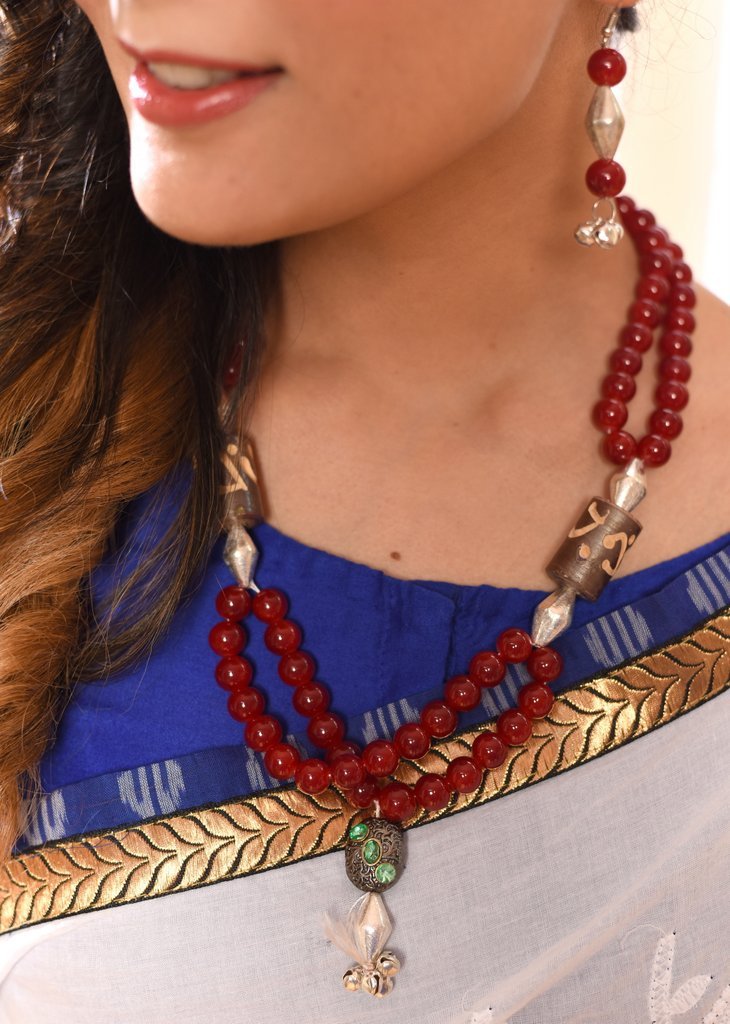 Exclusive glass beaded necklace with Jaipuri work pendant