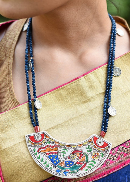 Exclusive hand painted madhubani painted pendant with glass beads necklace