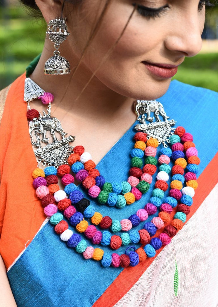 Exclusive multicolor multilayer thread ball and elephant necklace