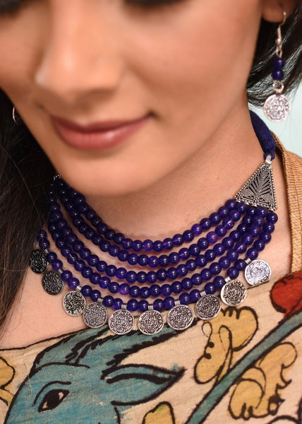 Exclusive purple colored multilayered beaded necklace set with coin tassels