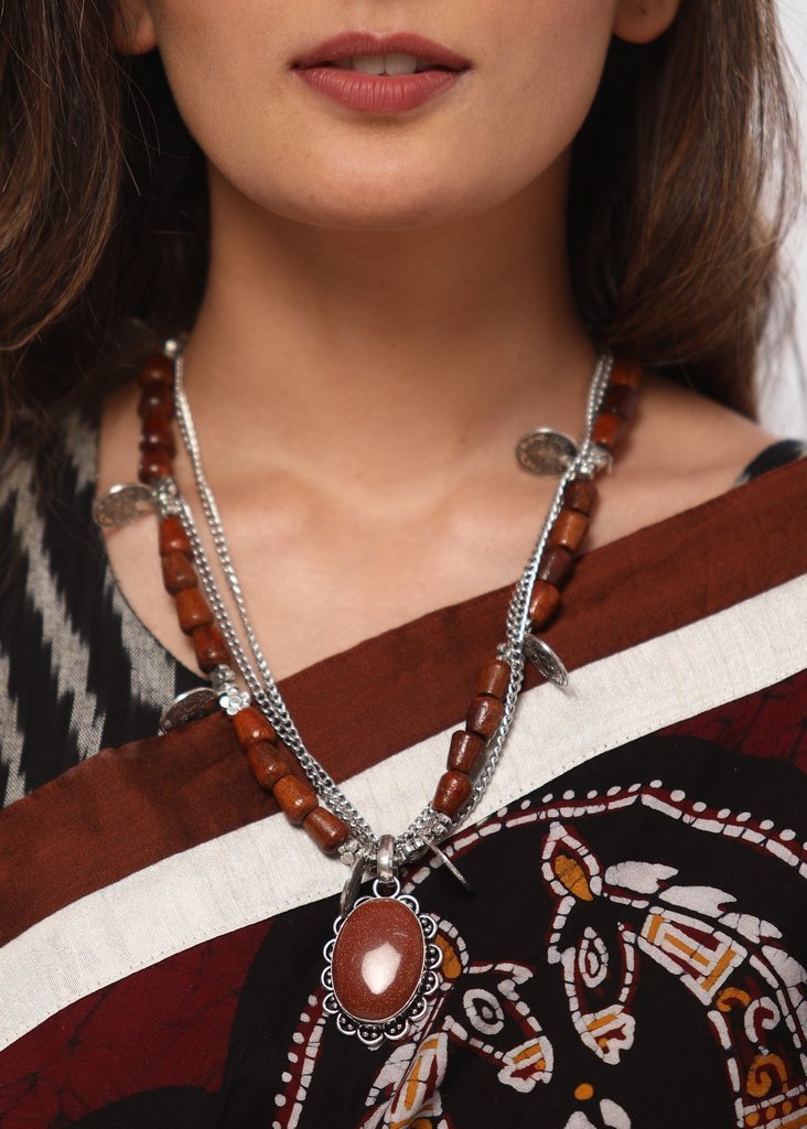 Exclusive wooden beads & stone stone pendant neckpiece with chain & coin tassels