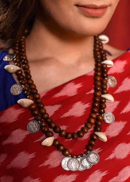 Exclusive wooden beads with cowrie & coin tasssels necklace