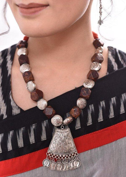 Exclusive wooden necklace with German silver pendant & coin tassel