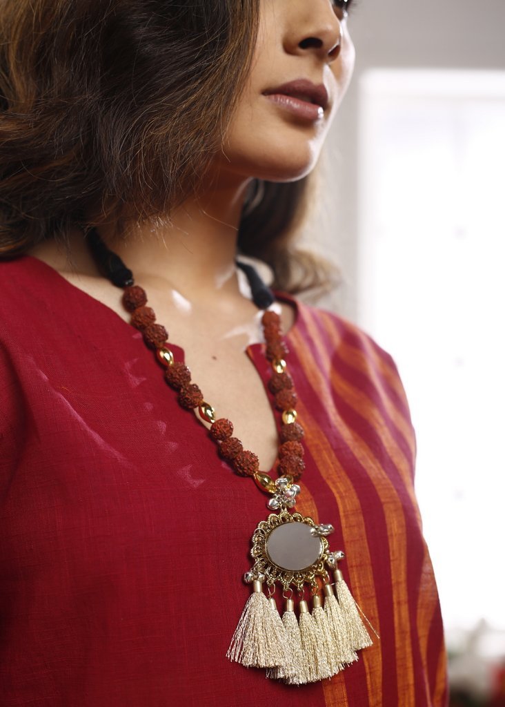 Exquisite rudraksha bead necklace set with mirror pendant with golden hanging tassels