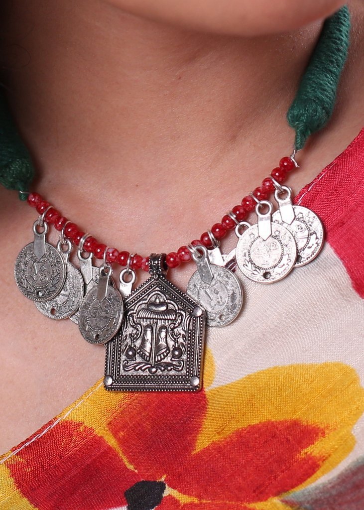 German Silver pendant with coin tassels neckpiece