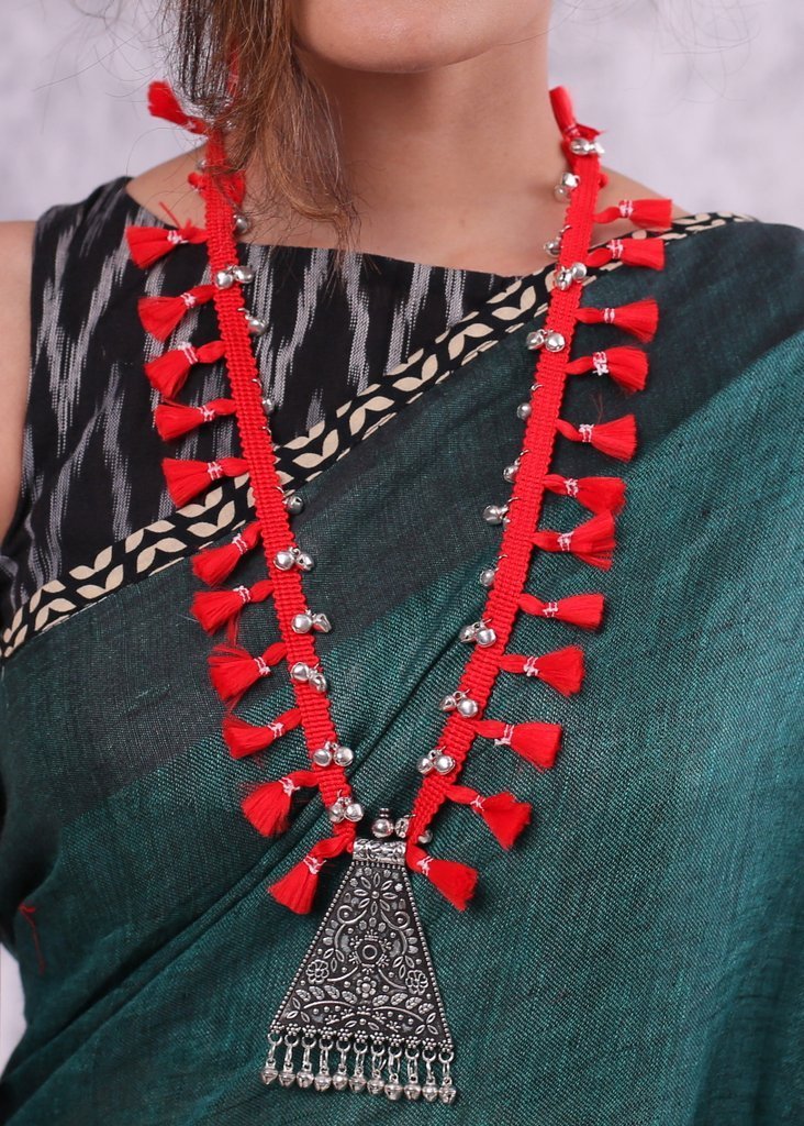 German Silver pendant with red tassels and ghungroo