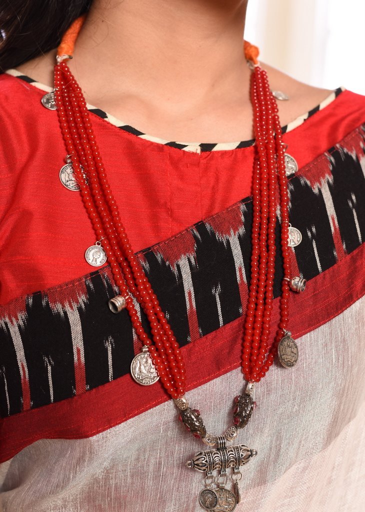 Glass beaded multilayer necklace with german silver pendant and coin tassels