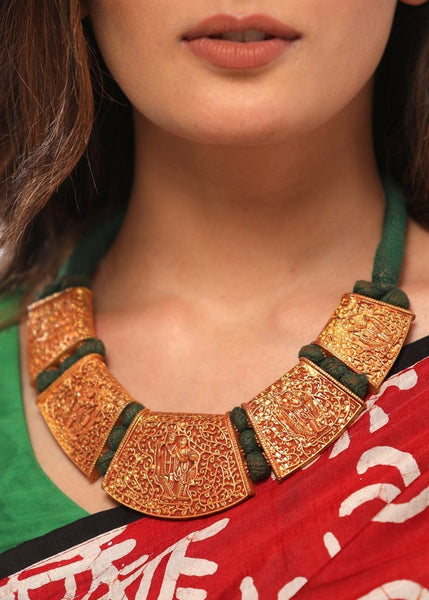 Golden goddess heavy neckpiece with green thread ornamentation