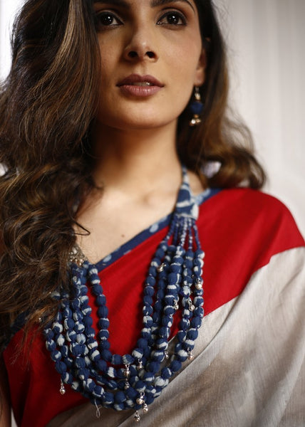 Indigo ajark bead fabric necklace set with hanging silver ghunghru