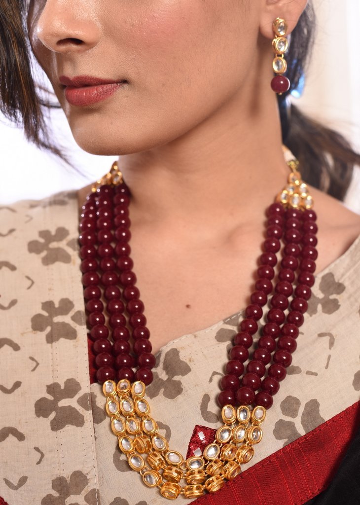 Maroon stone & kundan combination multilayer necklace