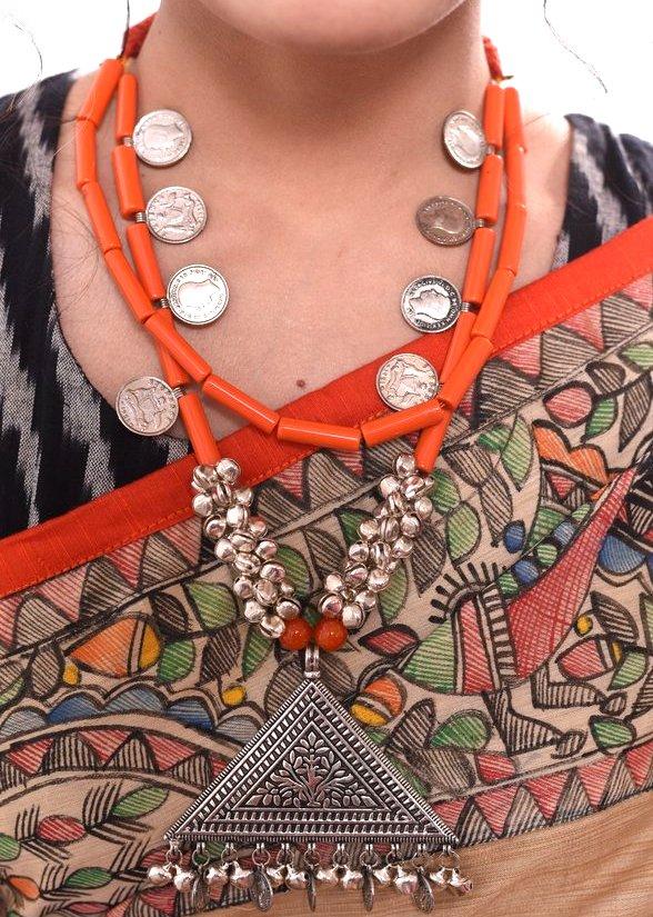 Orange beaded necklace with german silver pendant & coins & ghungroo
