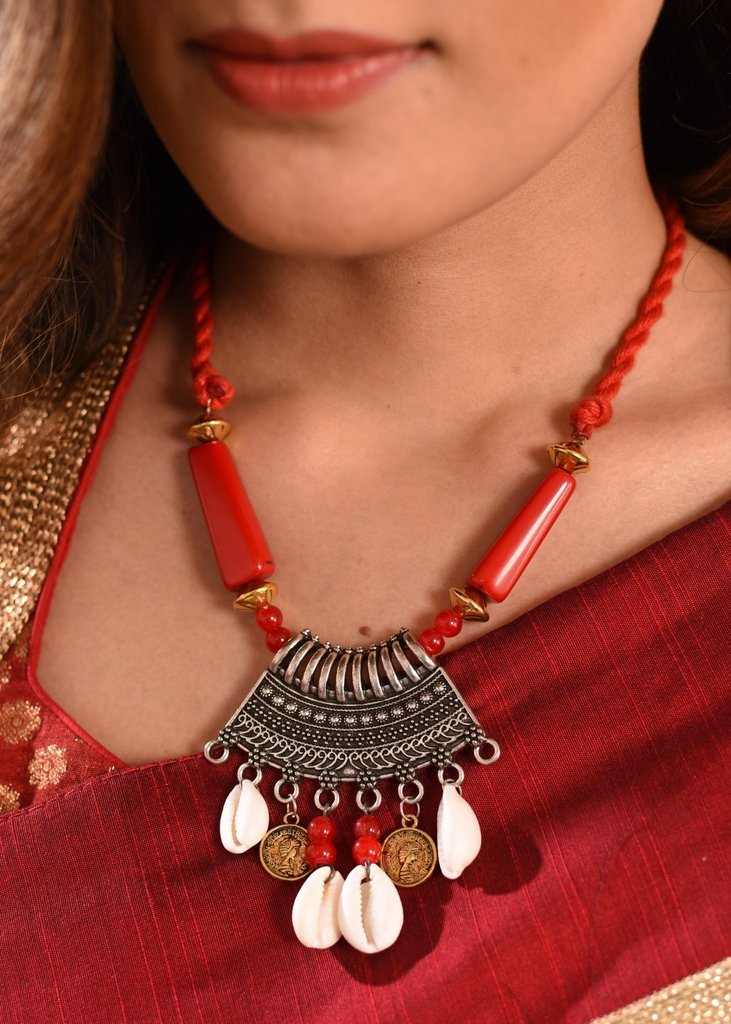 Unique cowrie & coin with german silver pendant necklace