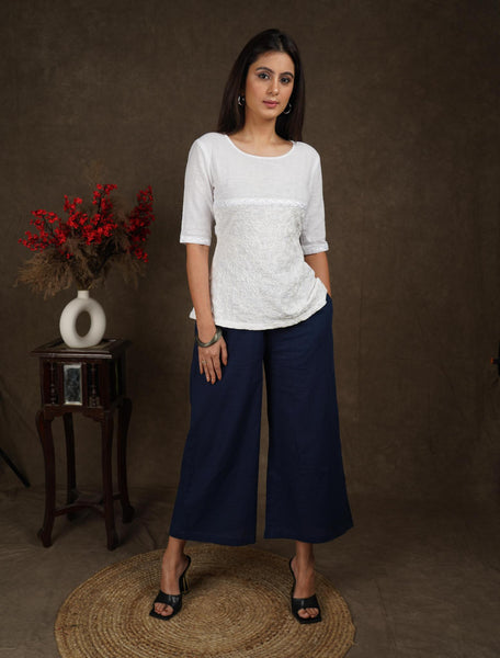 Classy navy blue cotton full length narrow fitted trousers