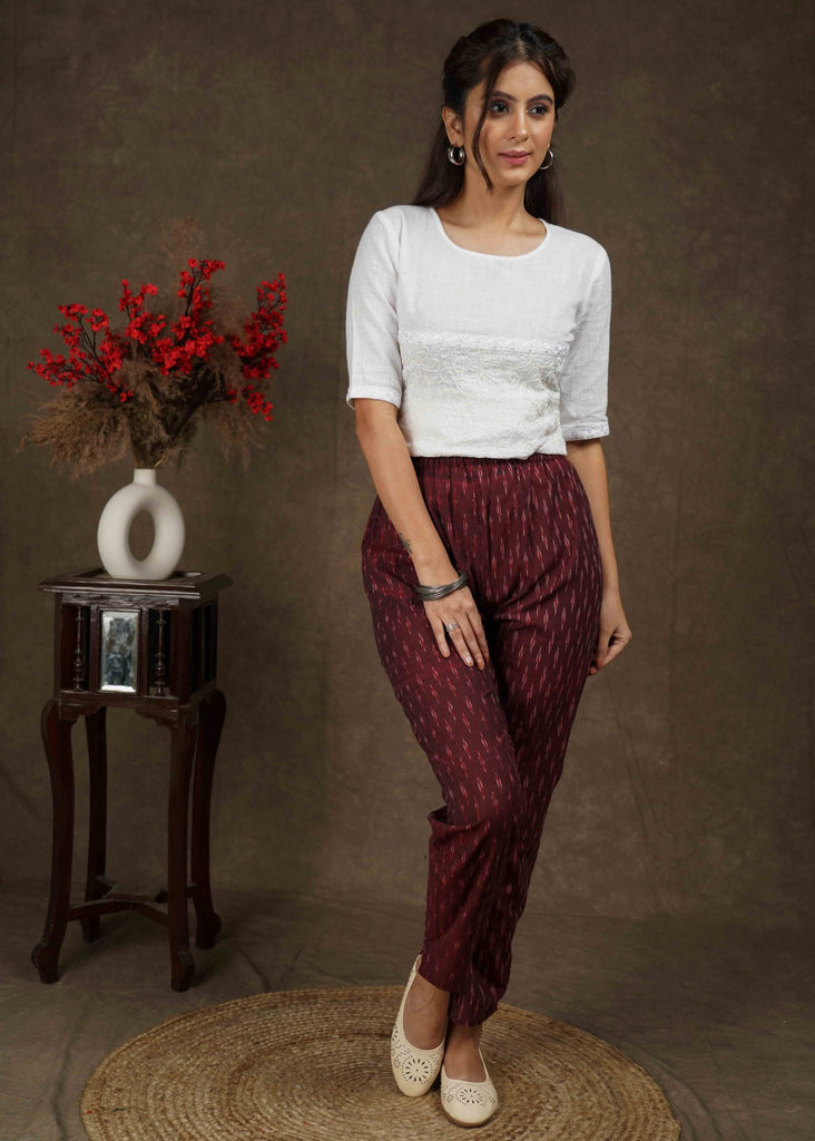 Maroon Ikat casual fitted trouser