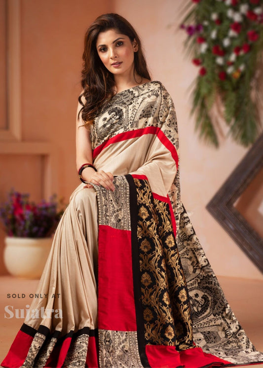 Beige semi silk saree with madhubani printed border & benarasi pallu