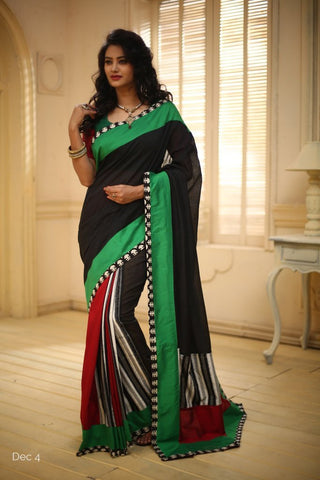 Black Chanderi with Ikat stripes on pleats and pallu