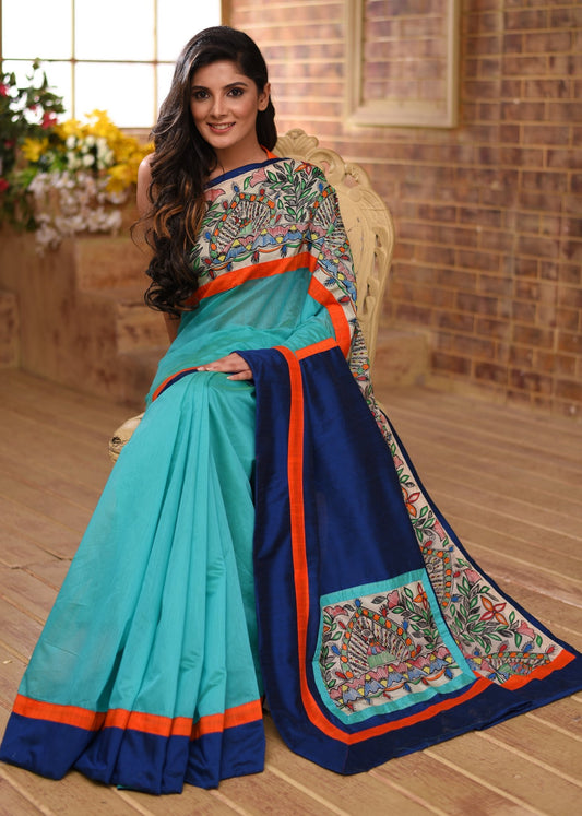 Exclusive chanderi saree with hand painted madhubani design