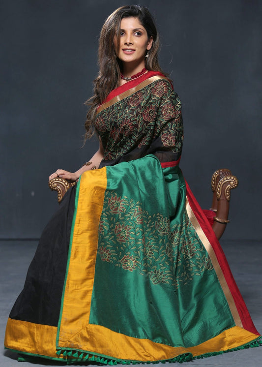 Exclusive hand painted black chanderi saree with painted cotton silk pallu