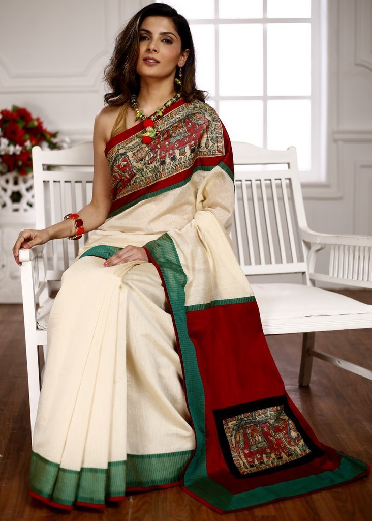Exclusive hand painted madhubani work in front & pallu with beige chanderi combination saree