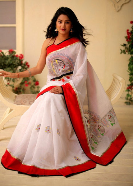 Exclusive hand painted saree on white chanderi - Sujatra