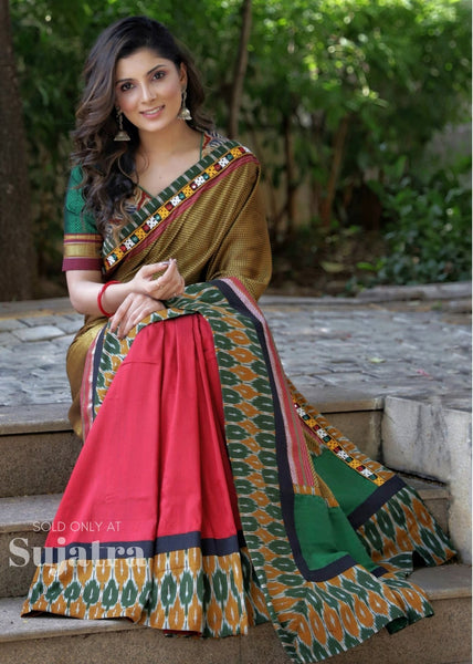 Saree - Exclusive Khun Saree With Ikat & Kutch Mirror Work Saree & Cotton Silk Pleats