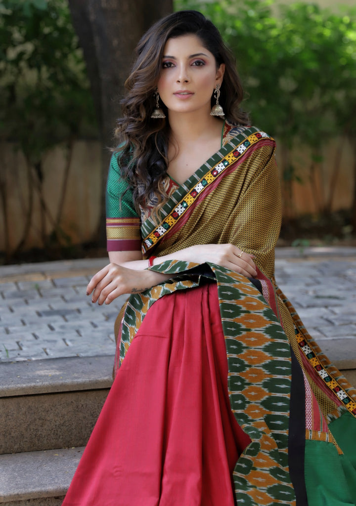 Exclusive Khun saree with ikat & kutch mirror work saree & cotton silk pleats