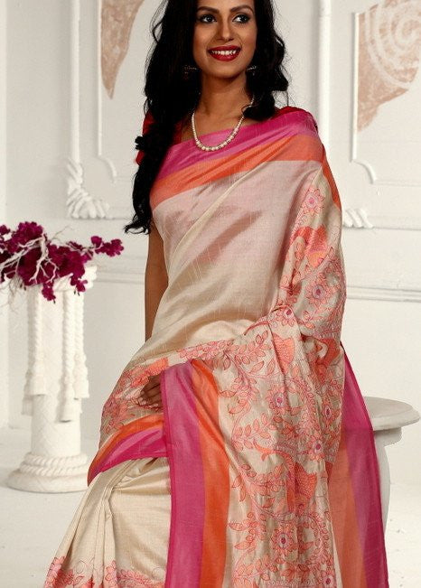 Intricate embroidery all over on beige semi silk saree - Sujatra