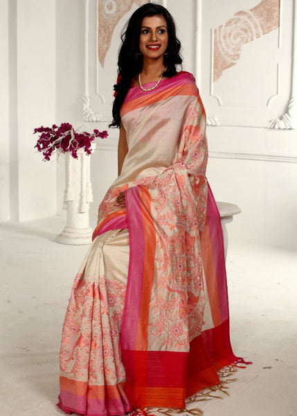 Intricate embroidery all over on beige semi silk saree - Sujatra