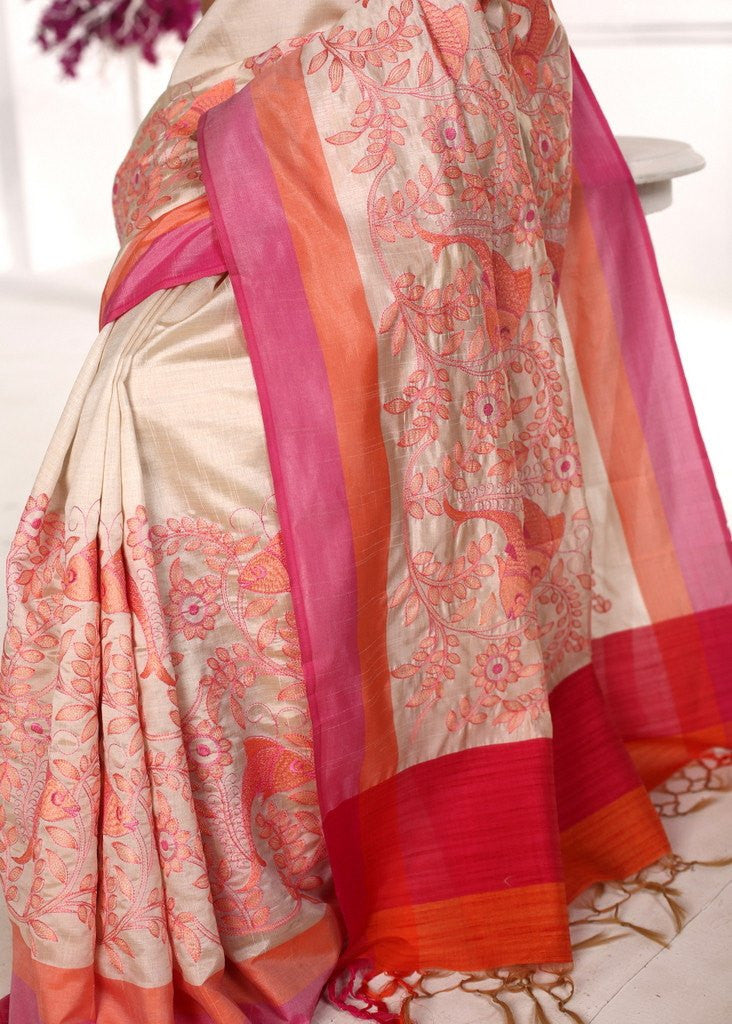 Intricate embroidery all over on beige semi silk saree - Sujatra