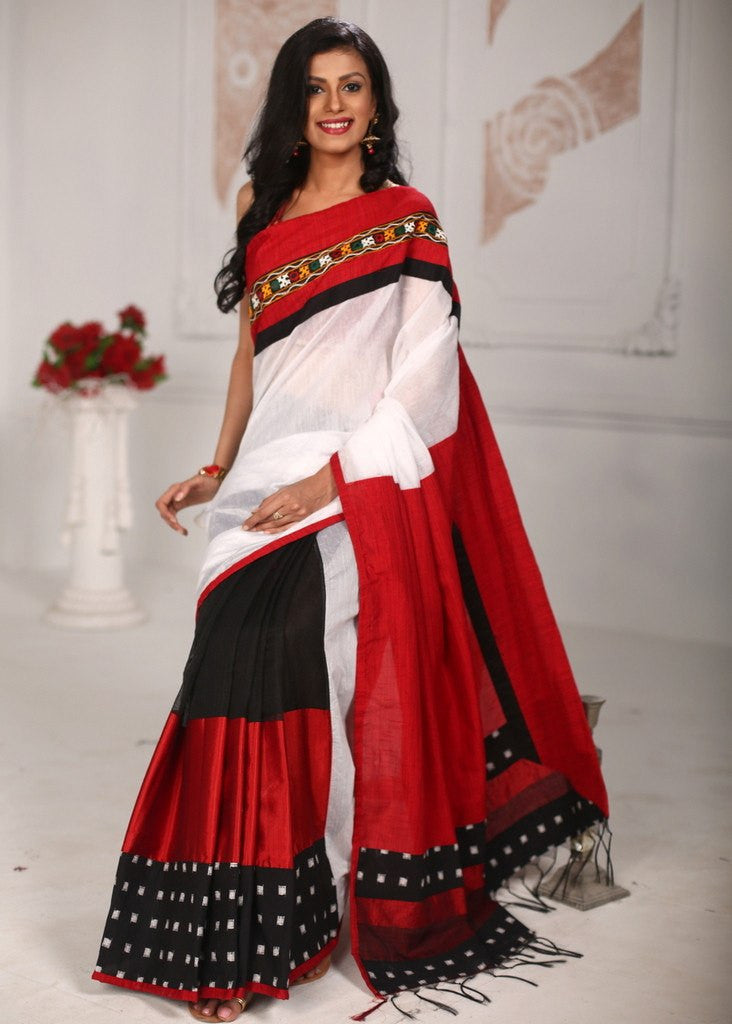 Kutch mirror work combination with white chanderi and cotton silk pallu saree