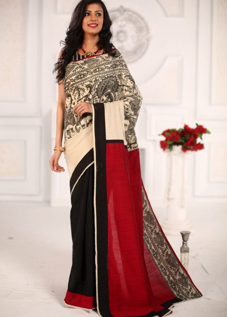 Madhubani printed exclusive saree with offwhite cotton silk in front & black chanderi pleats