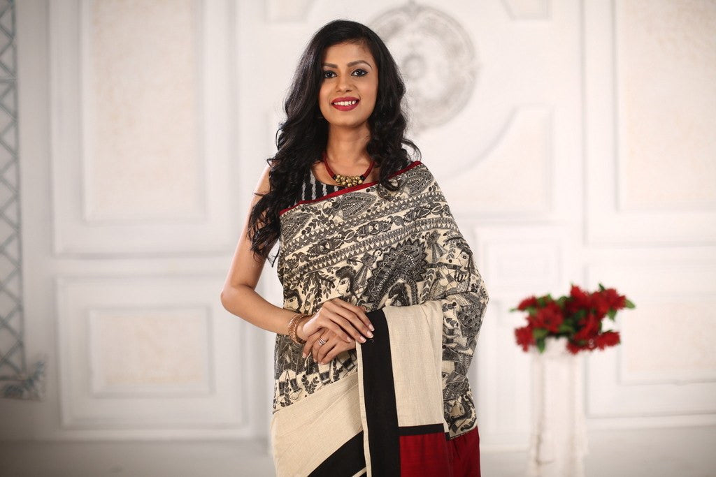 Madhubani printed exclusive saree with offwhite cotton silk in front & black chanderi pleats - Sujatra