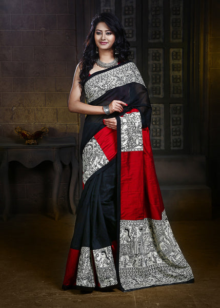 Madhubani printed work on pallu, pleats & Border on Black Chanderi & Red cotton silk - Sujatra