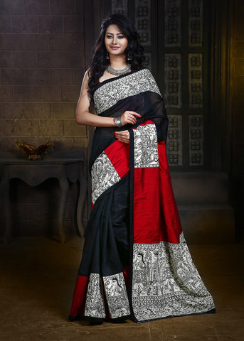 Madhubani printed work on pallu, pleats & Border on Black Chanderi & Red cotton silk