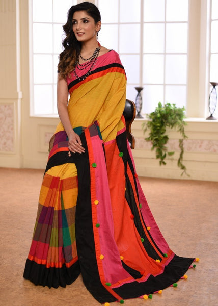 Mustard hand loom cotton with chequered handloom cotton pleats & pallu with pompoms