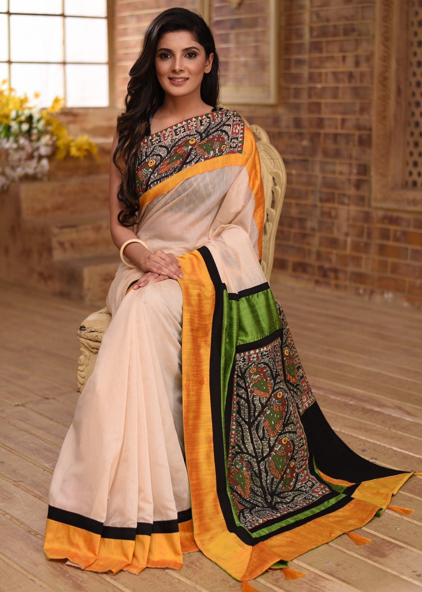 Off White chanderi saree with hand painted madhubani patch on pallu & border