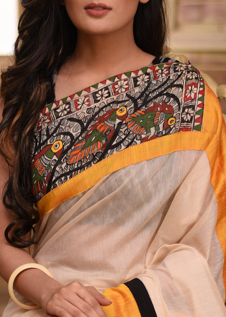 Off White chanderi saree with hand painted madhubani patch on pallu & border