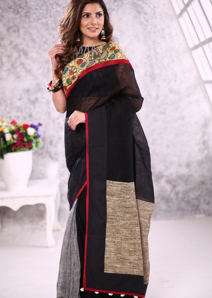 Pure linen saree with ghicha silk pallu & hanpainted kalmkari border