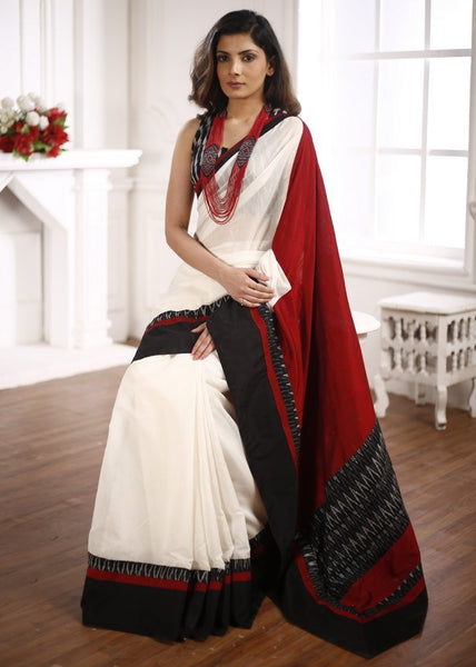 White Chanderi Saree with ikat Border & cotton Silk pallu with Ikat Blouse Piece