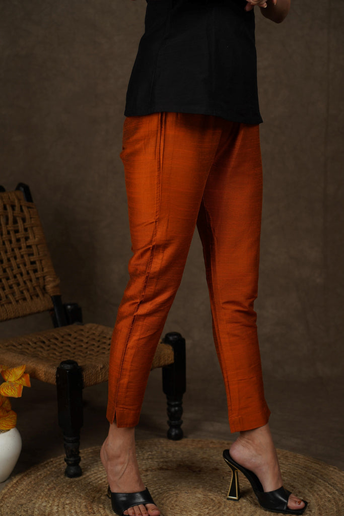 Smart casual rust cotton silk narrow fitted trouser